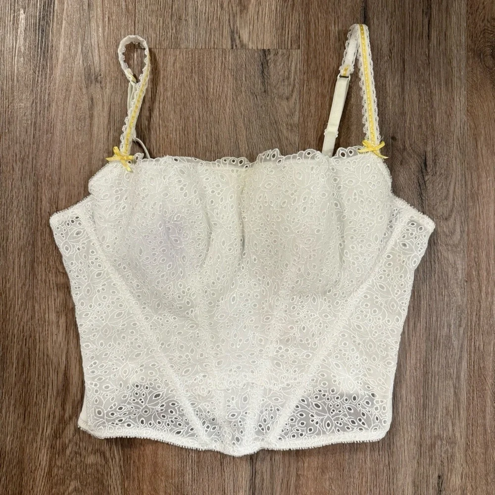 Victoria Secret Corset Top Women’s Large 38 D White Eyelet Yellow Ribbon Boning